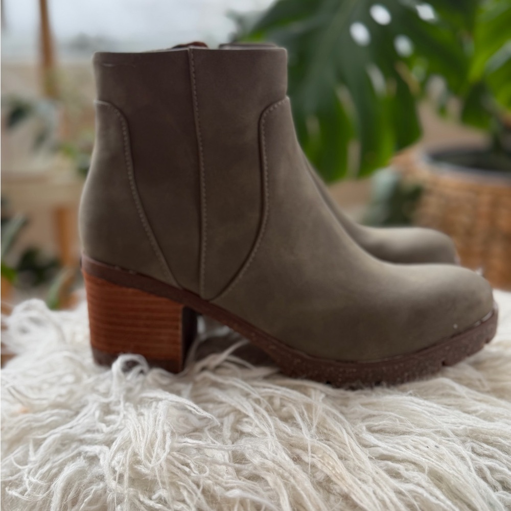 Kork-Ease Olive Taupe Suede Ankle Boots with Stacked Heel